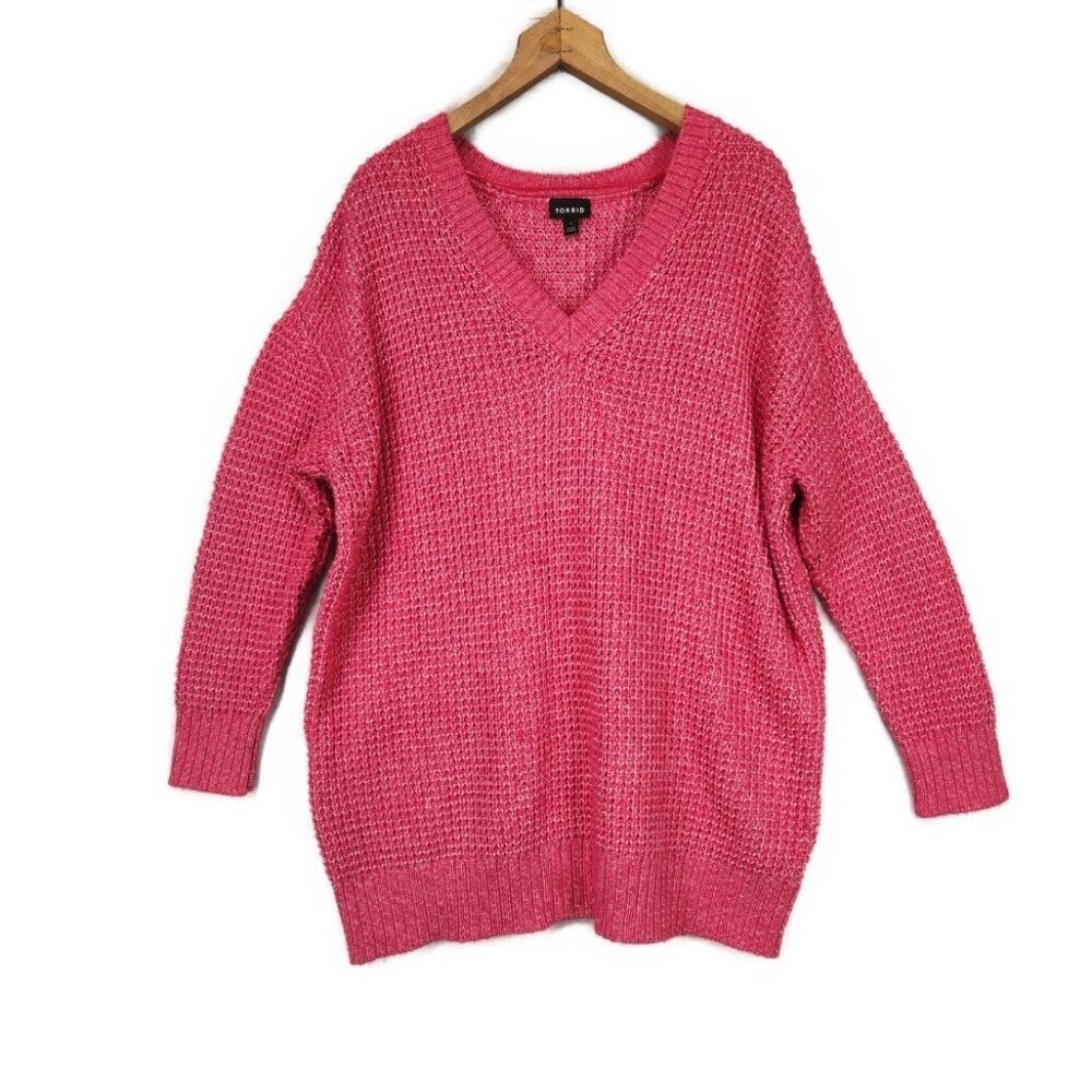 Torrid Waffle Knit Drop Shoulder V Neck Oversize Sweater Women’s 1X Pink Comfy
